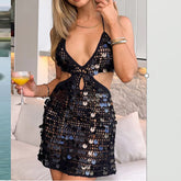 LIZAKOSHT  -  Fashion Shiny Sequin Hollow Wrap Hip Dress Elegant Hollow Backless Slim Mini Dress Women' s Sexy Halter Low-cut Club Party Dress